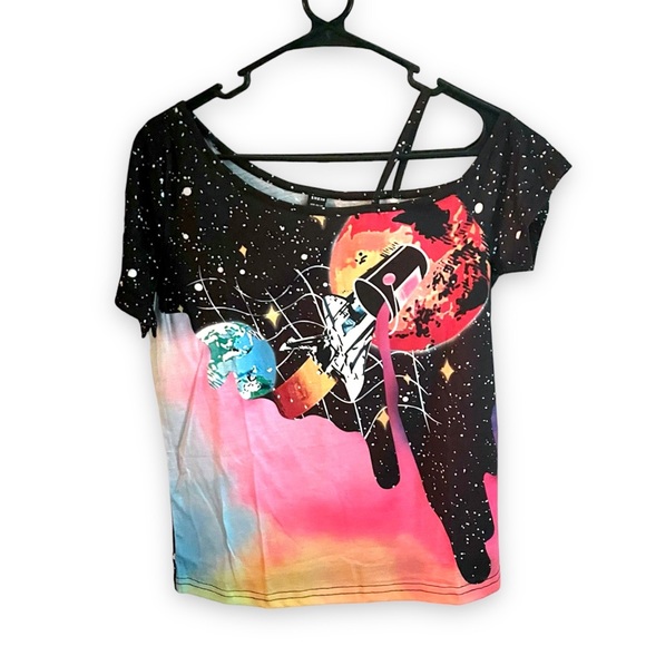 New Woman’s Artistic Galaxy Rainbow Pour Paint Bucket Unique Cold Shoulder Tee - Picture 5 of 7